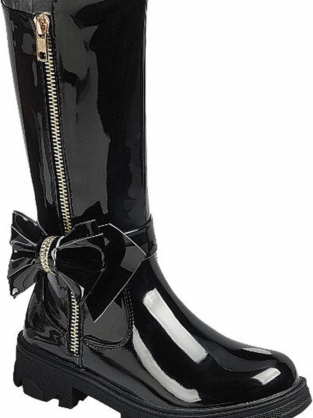 Forever Link Black Patent Knee Boot with Bow and Gold Zip